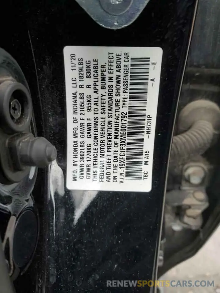 14 Photograph of a damaged car 19XFC1F3XME001792 HONDA CIVIC 2021