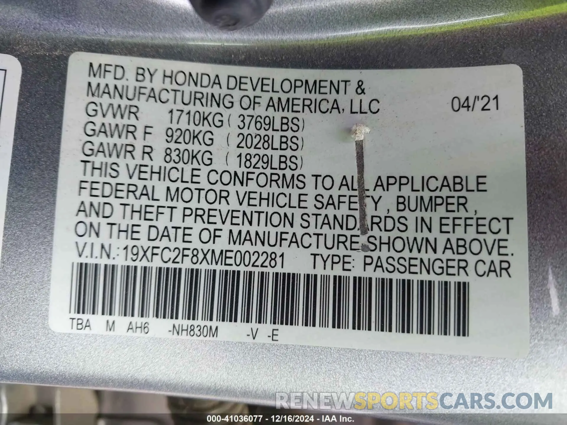9 Photograph of a damaged car 19XFC2F8XME002281 HONDA CIVIC 2021