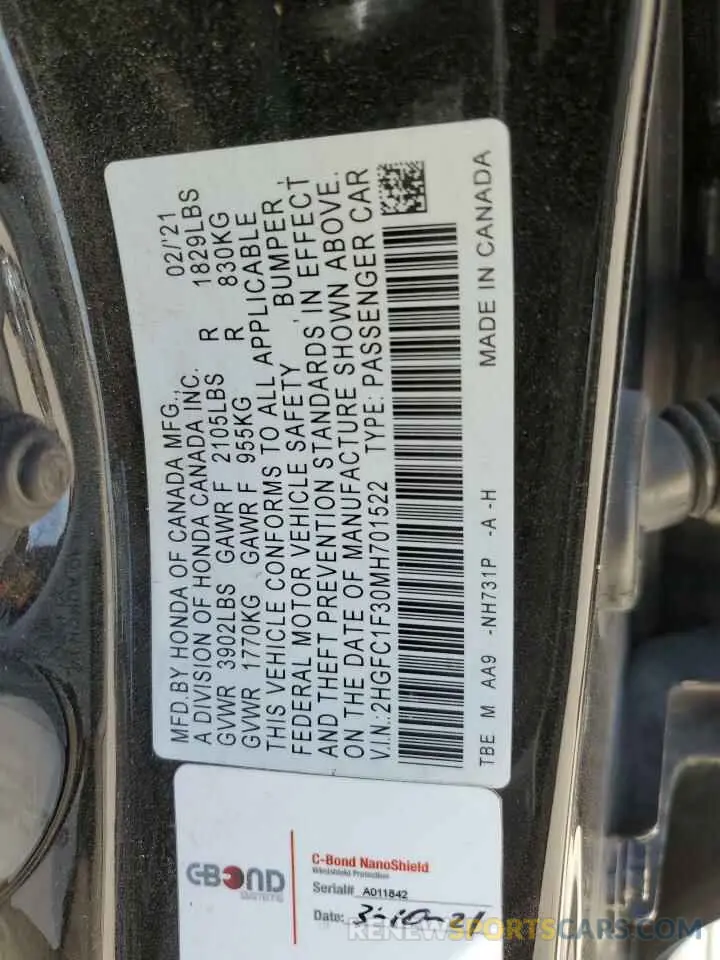 13 Photograph of a damaged car 2HGFC1F30MH701522 HONDA CIVIC 2021