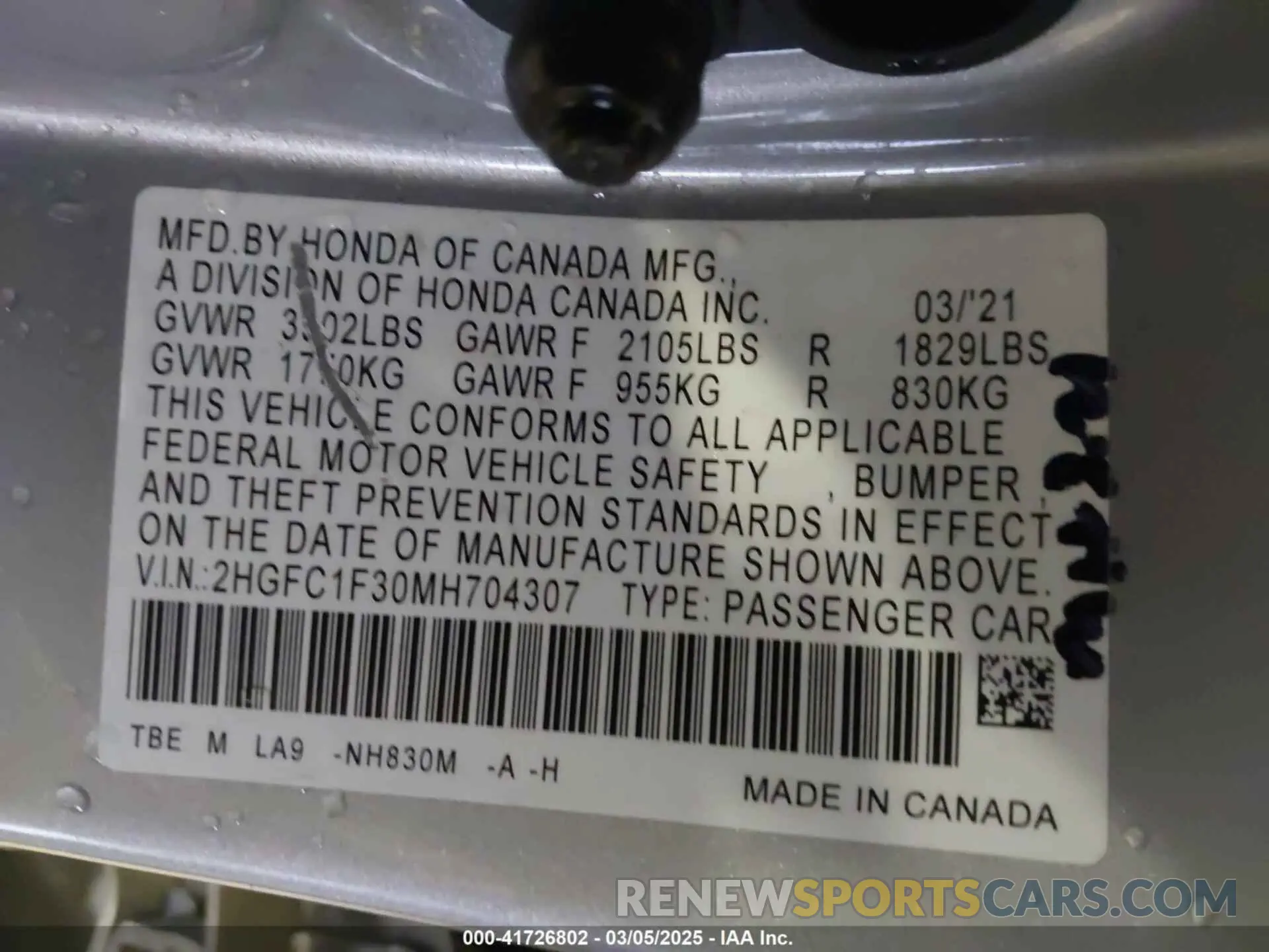 9 Photograph of a damaged car 2HGFC1F30MH704307 HONDA CIVIC 2021