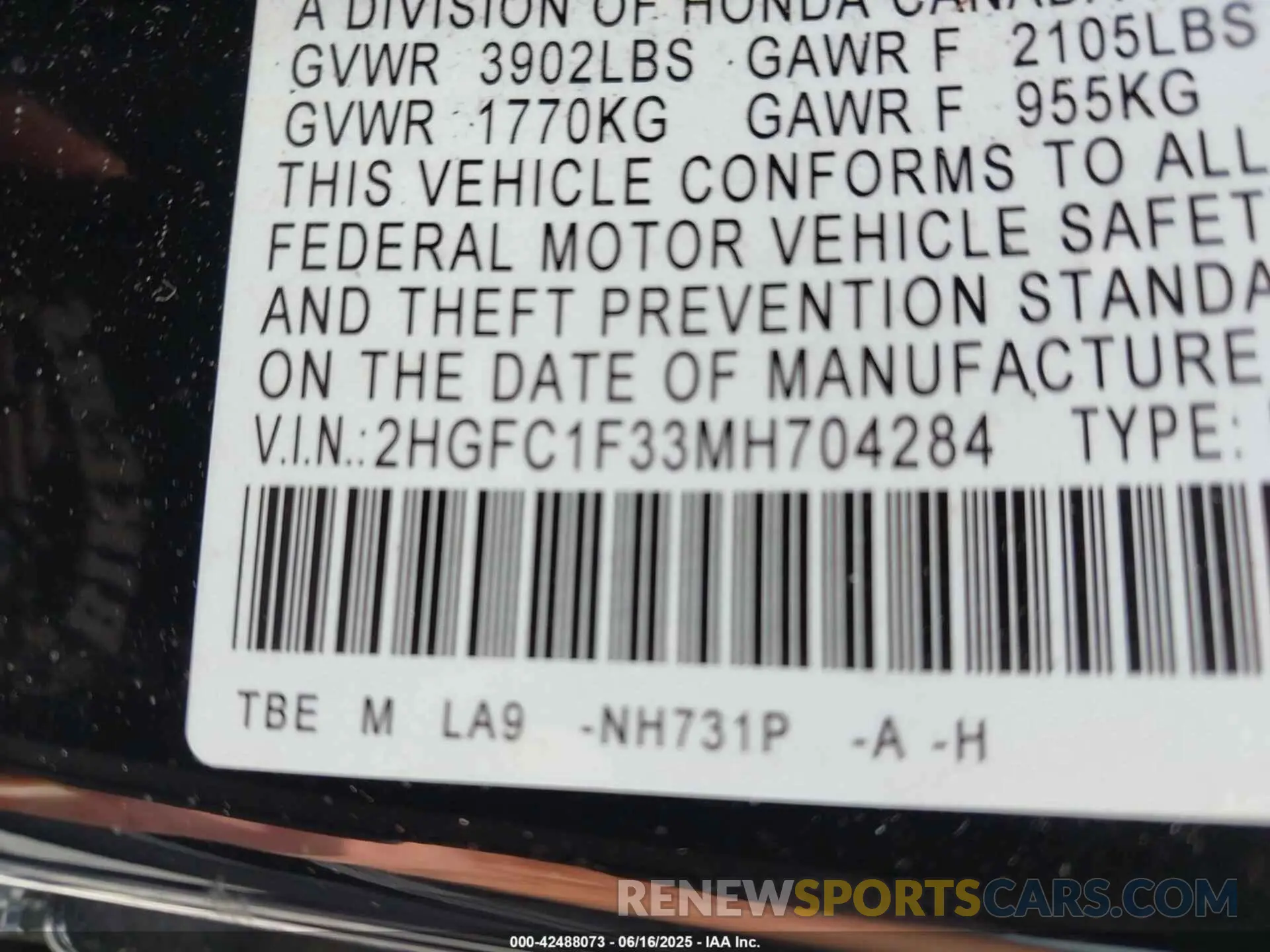 9 Photograph of a damaged car 2HGFC1F33MH704284 HONDA CIVIC 2021