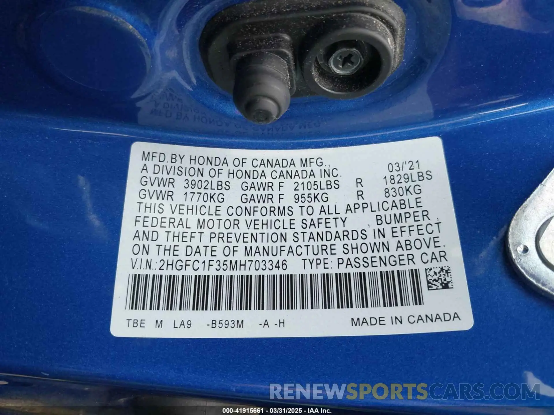 9 Photograph of a damaged car 2HGFC1F35MH703346 HONDA CIVIC 2021