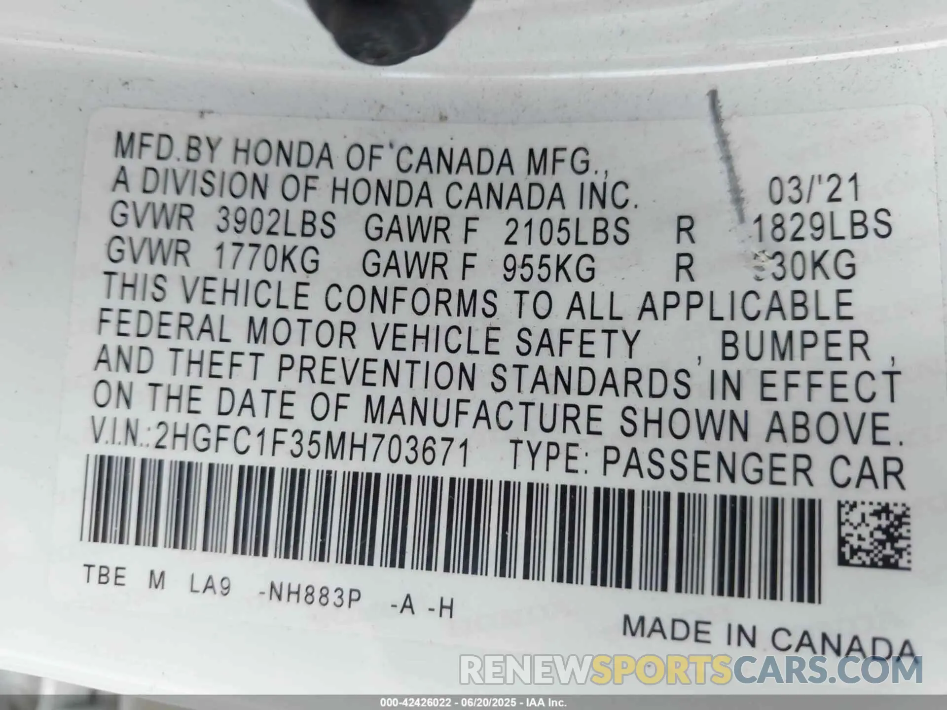 9 Photograph of a damaged car 2HGFC1F35MH703671 HONDA CIVIC 2021