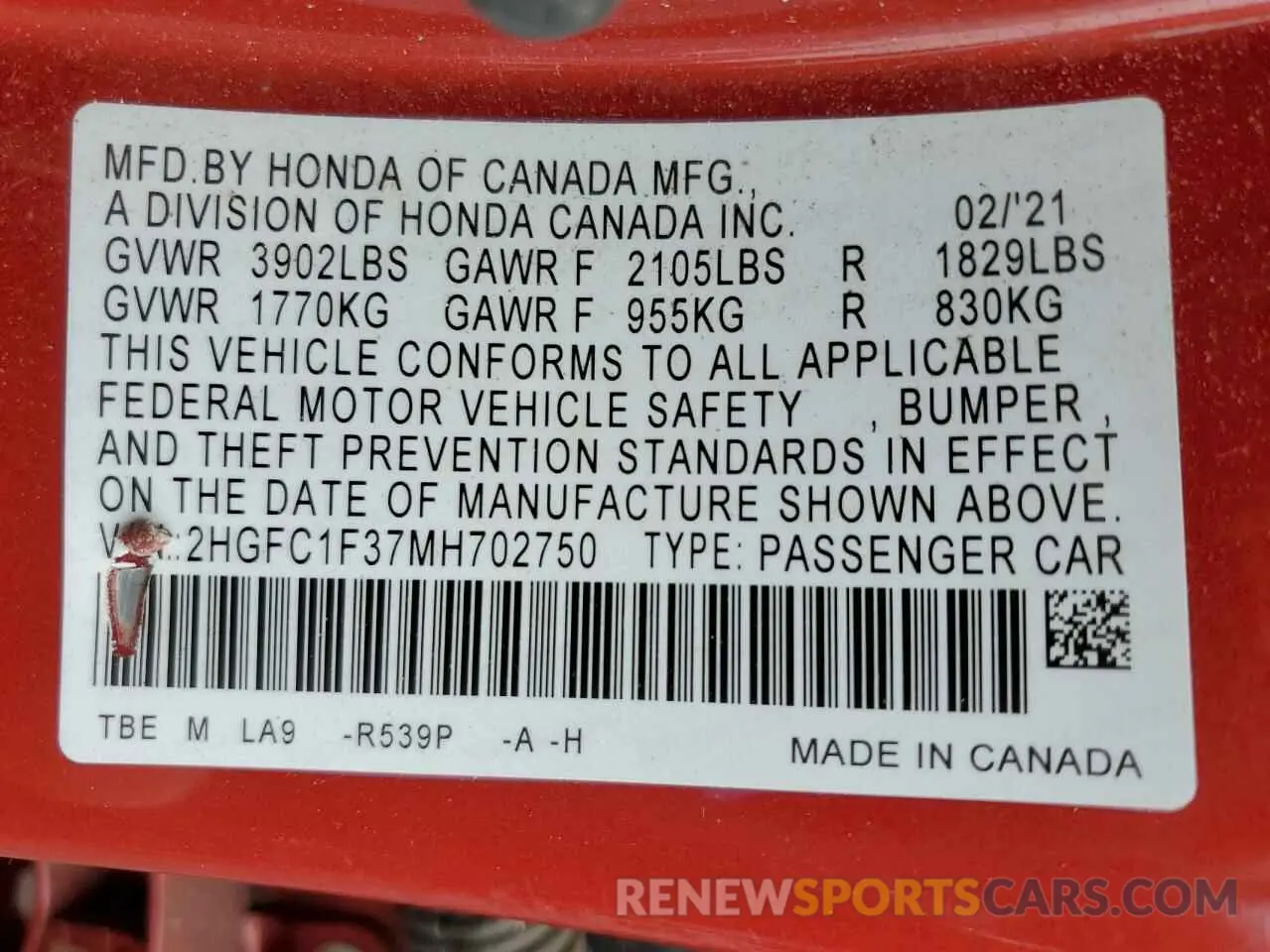 13 Photograph of a damaged car 2HGFC1F37MH702750 HONDA CIVIC 2021