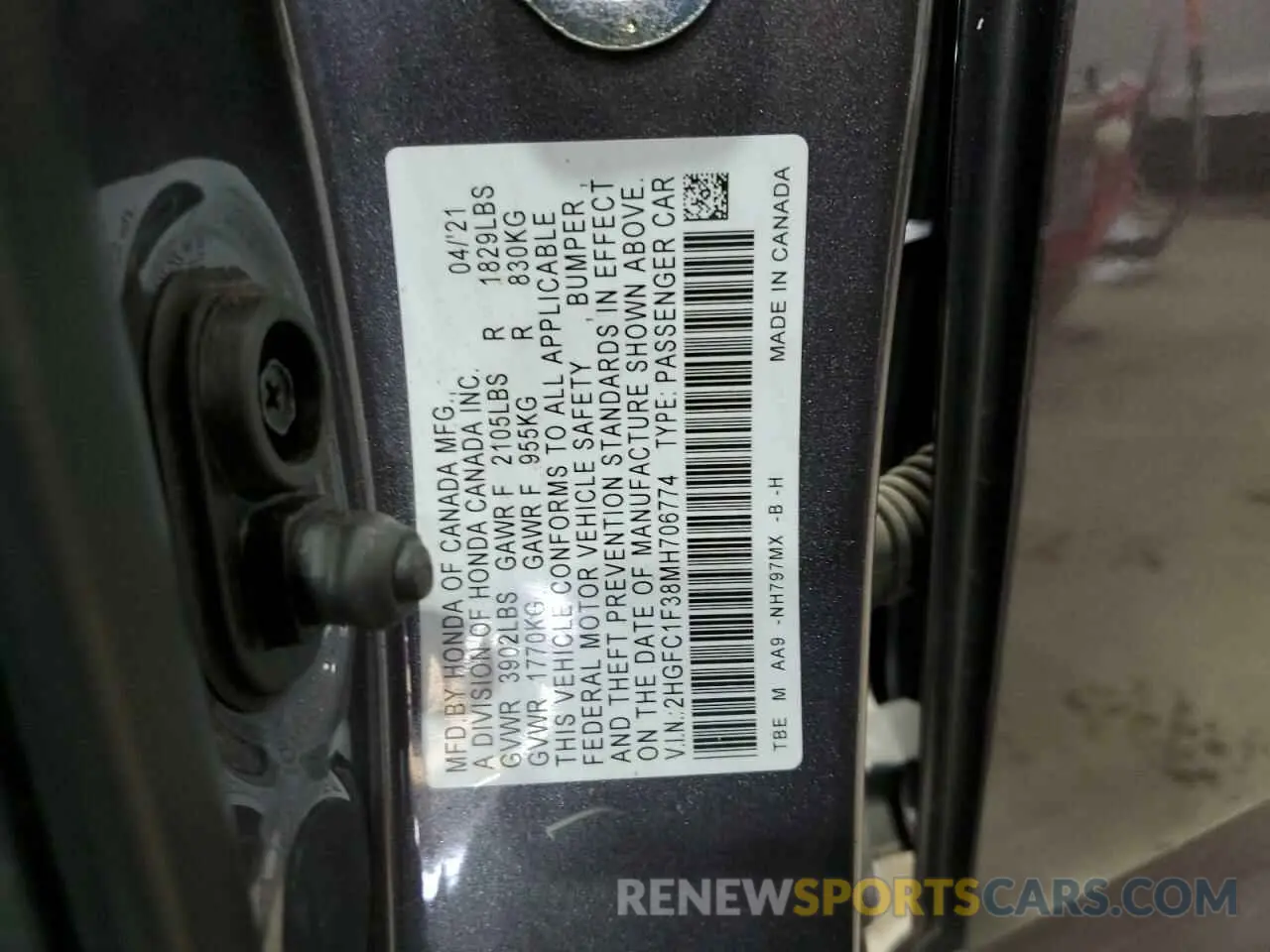 12 Photograph of a damaged car 2HGFC1F38MH706774 HONDA CIVIC 2021
