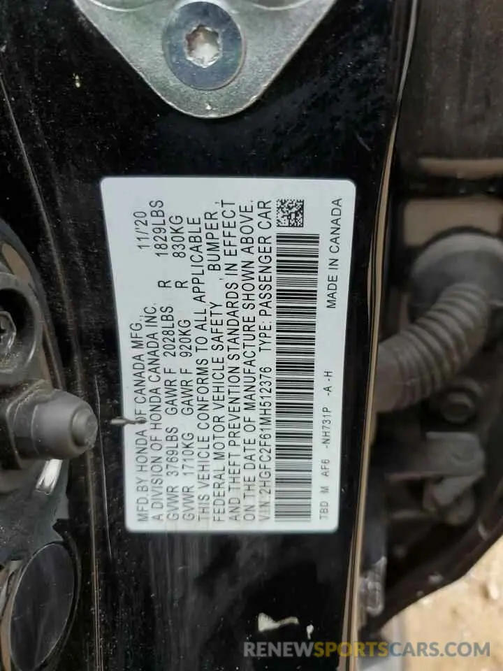 13 Photograph of a damaged car 2HGFC2F61MH512376 HONDA CIVIC 2021