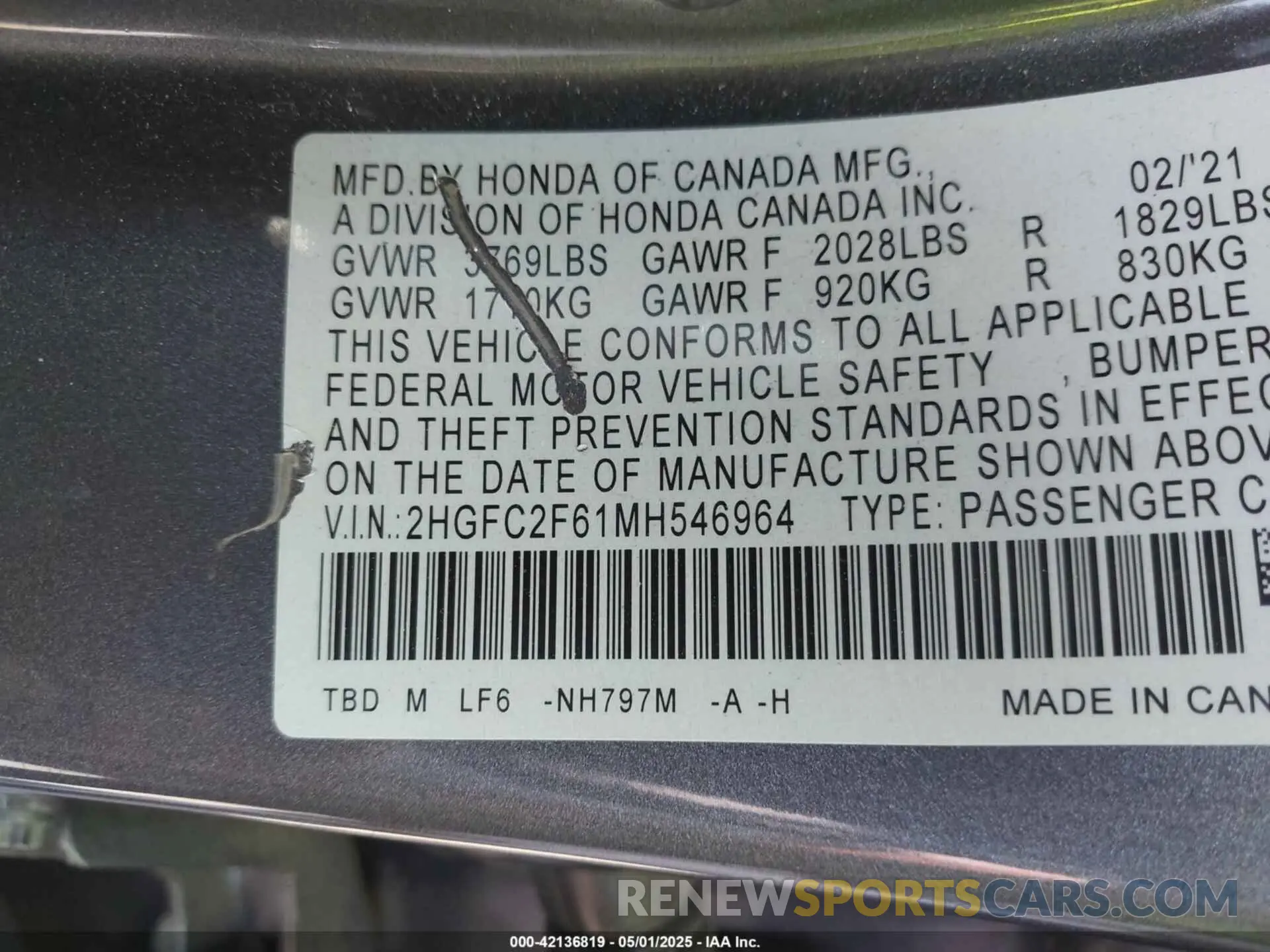 9 Photograph of a damaged car 2HGFC2F61MH546964 HONDA CIVIC 2021