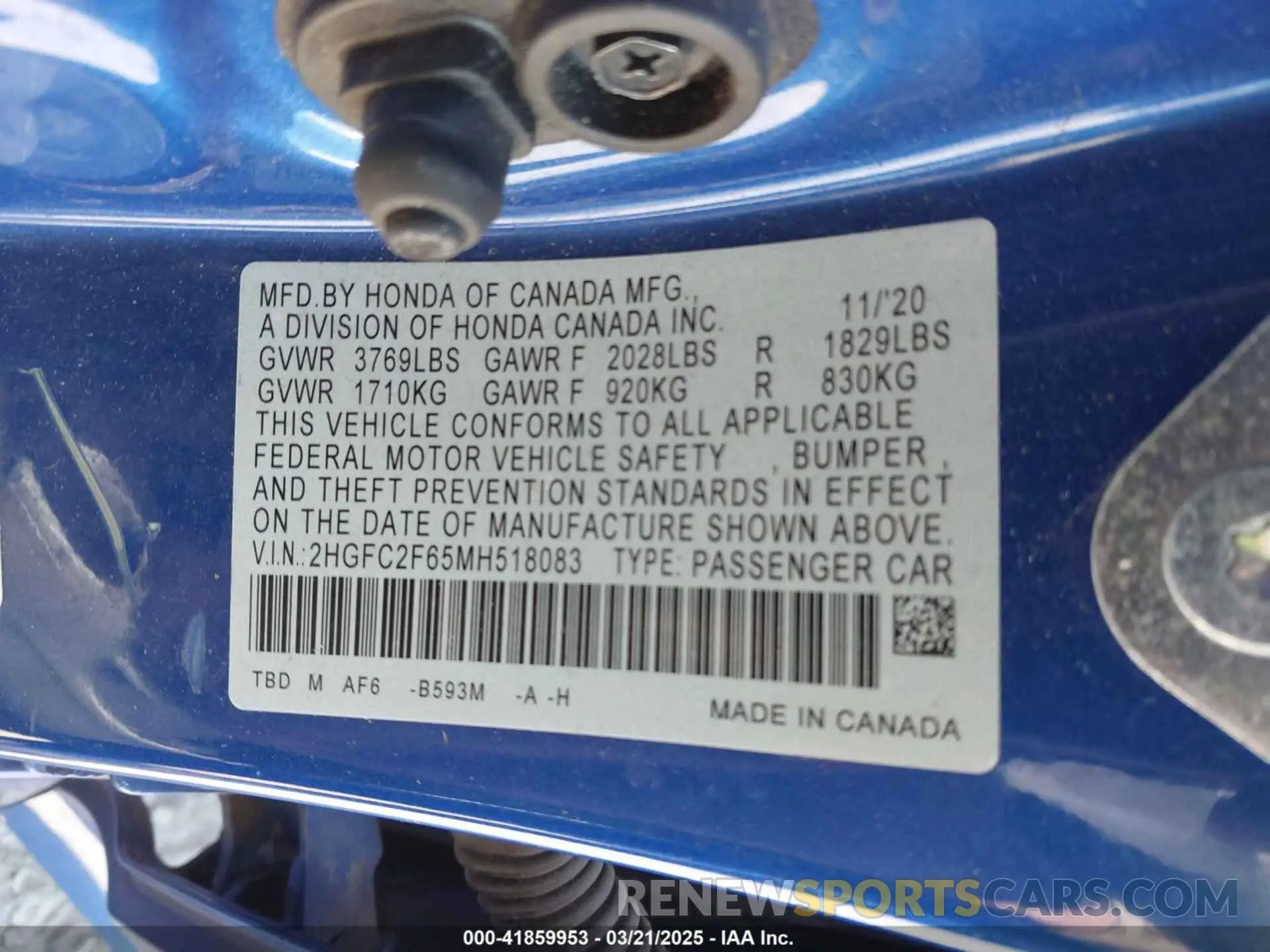 9 Photograph of a damaged car 2HGFC2F65MH518083 HONDA CIVIC 2021