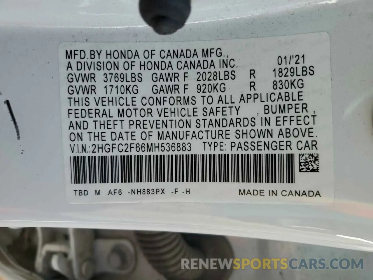 12 Photograph of a damaged car 2HGFC2F66MH536883 HONDA CIVIC 2021