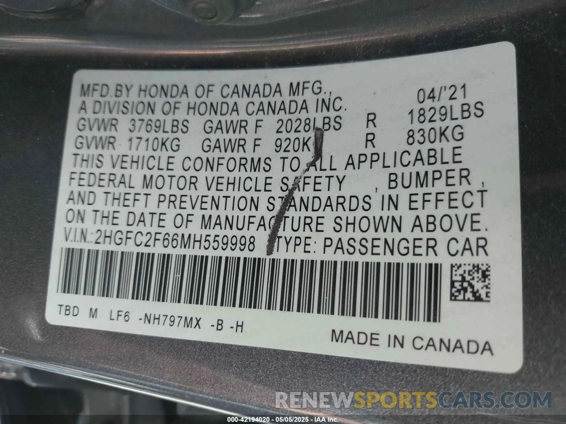 9 Photograph of a damaged car 2HGFC2F66MH559998 HONDA CIVIC 2021