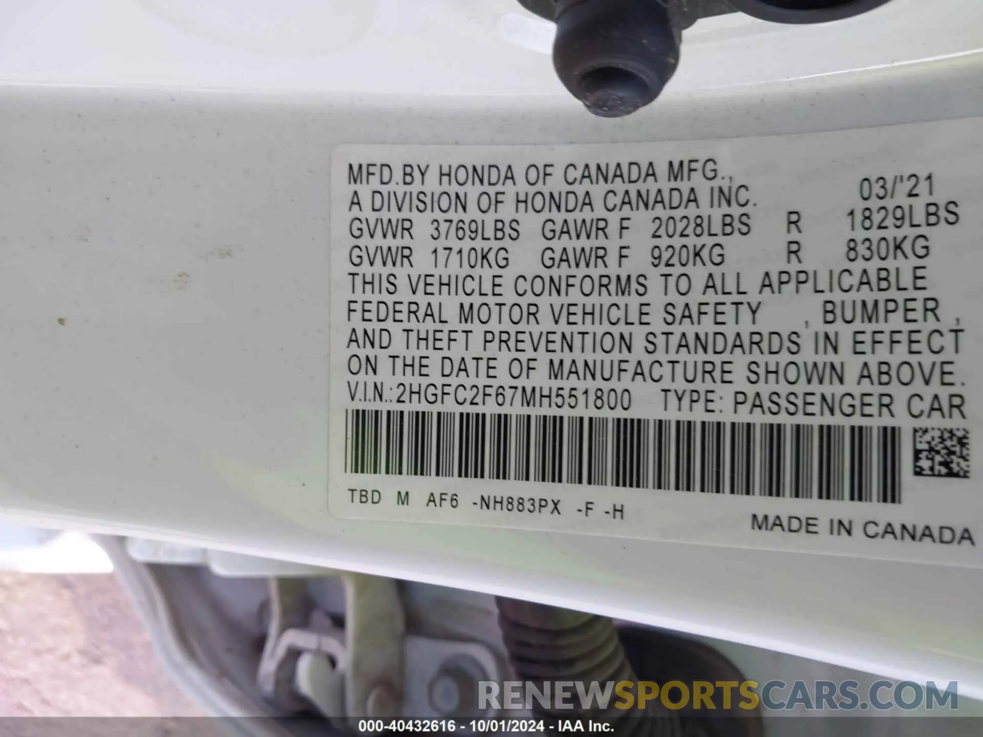 9 Photograph of a damaged car 2HGFC2F67MH551800 HONDA CIVIC 2021