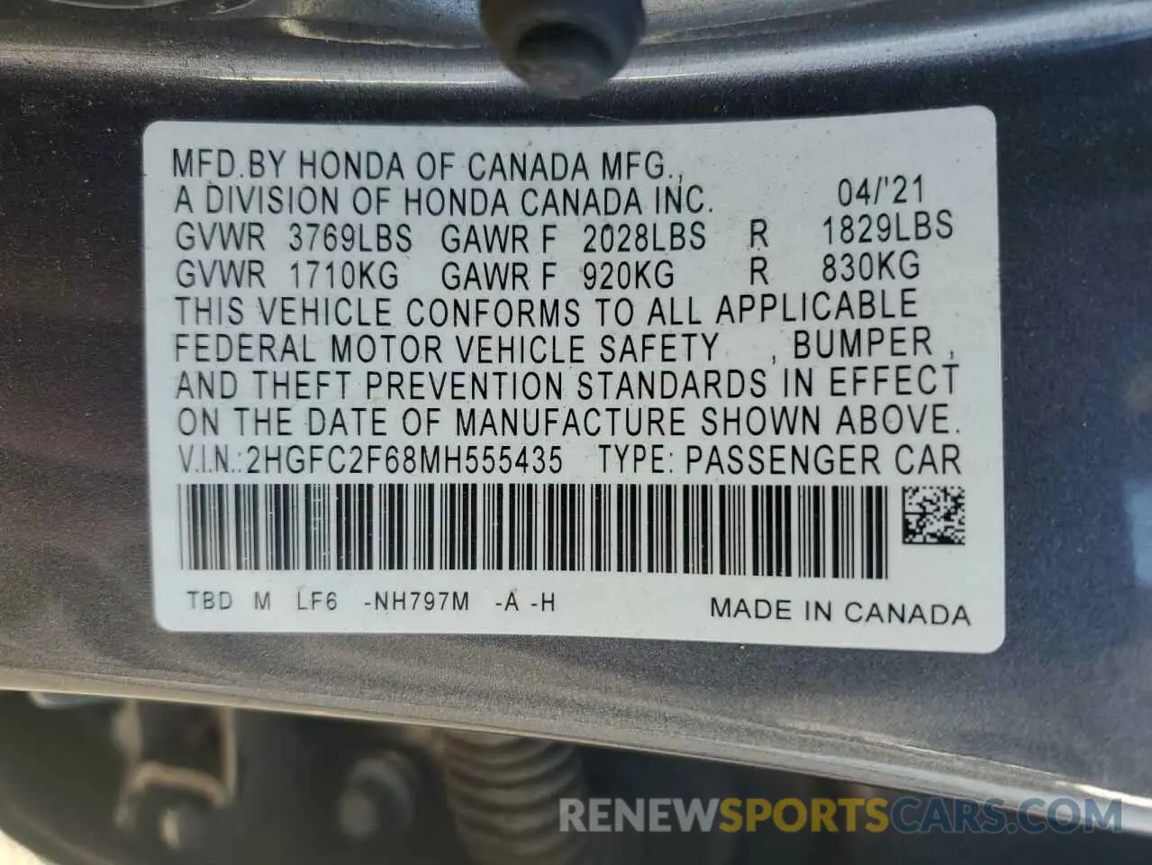 12 Photograph of a damaged car 2HGFC2F68MH555435 HONDA CIVIC 2021