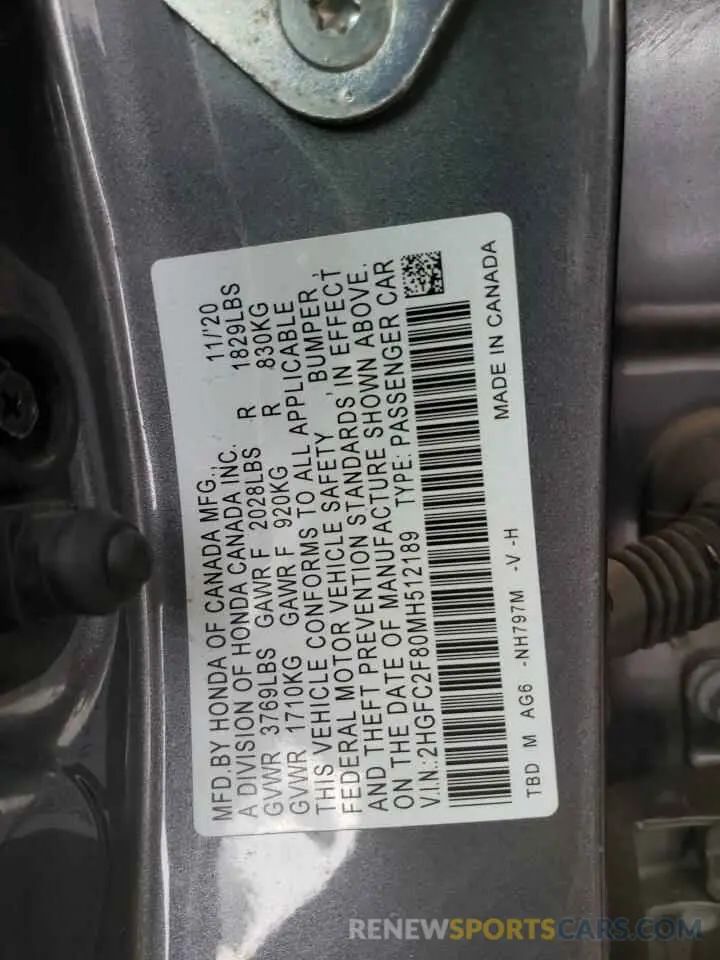 13 Photograph of a damaged car 2HGFC2F80MH512189 HONDA CIVIC 2021