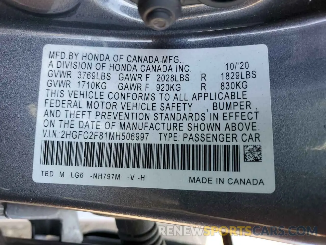 14 Photograph of a damaged car 2HGFC2F81MH506997 HONDA CIVIC 2021