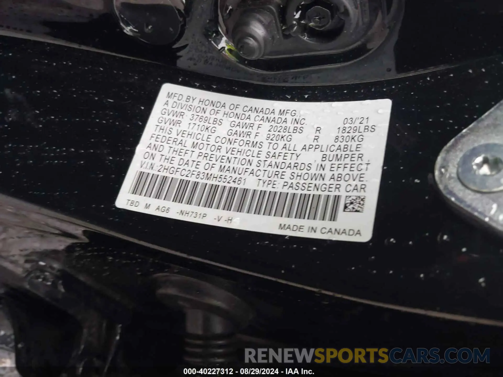 9 Photograph of a damaged car 2HGFC2F83MH552461 HONDA CIVIC 2021