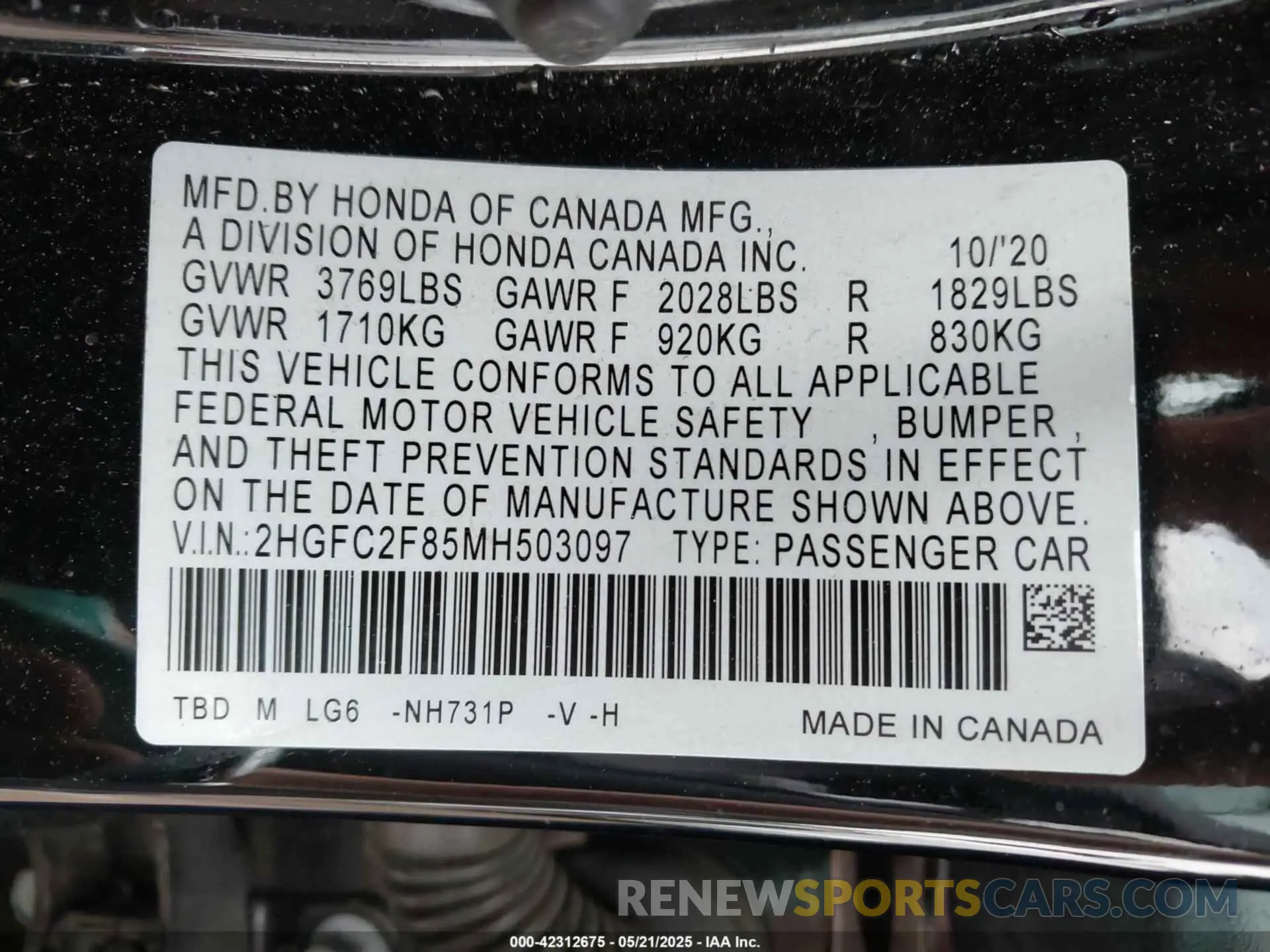 9 Photograph of a damaged car 2HGFC2F85MH503097 HONDA CIVIC 2021