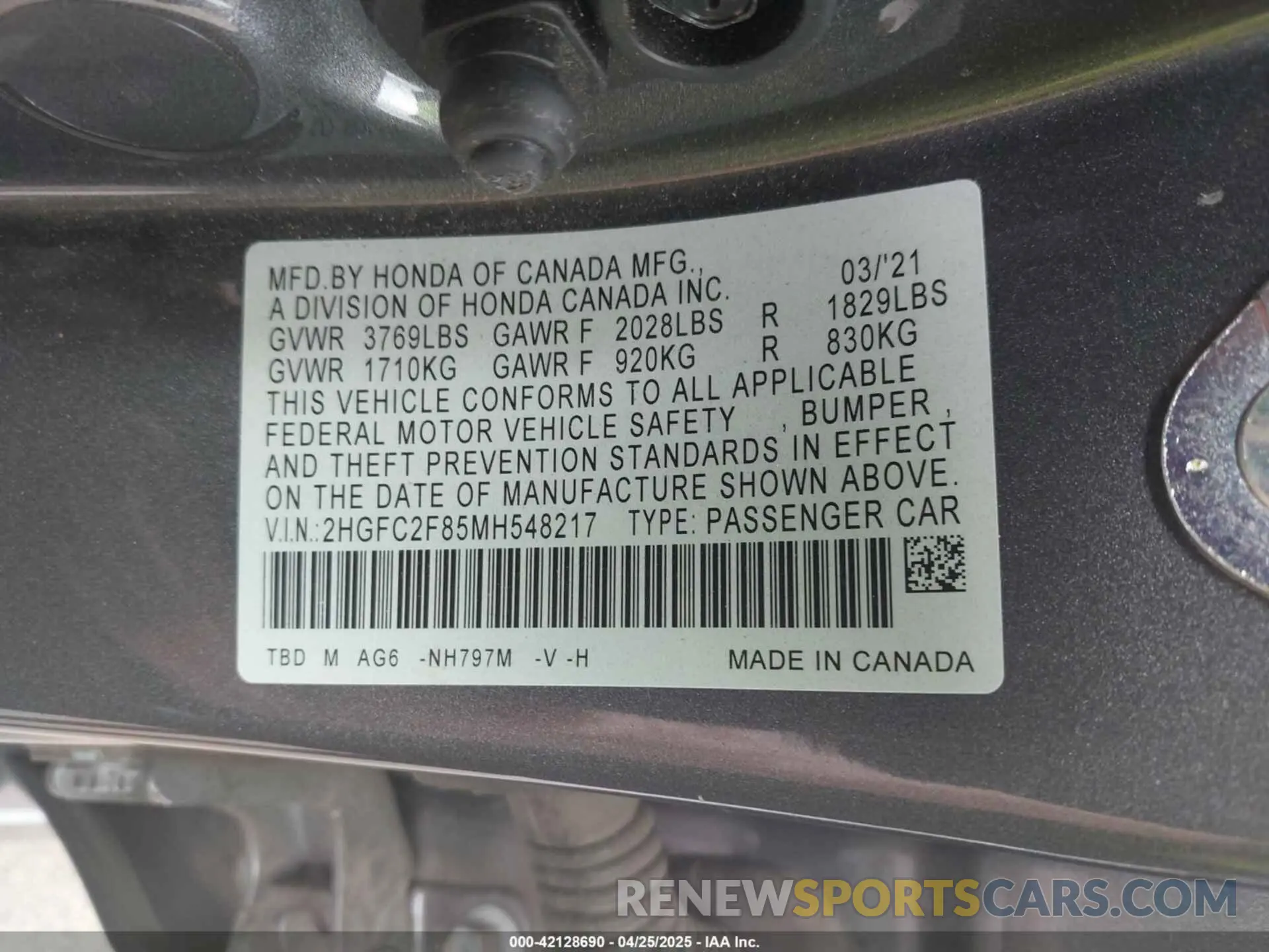 9 Photograph of a damaged car 2HGFC2F85MH548217 HONDA CIVIC 2021