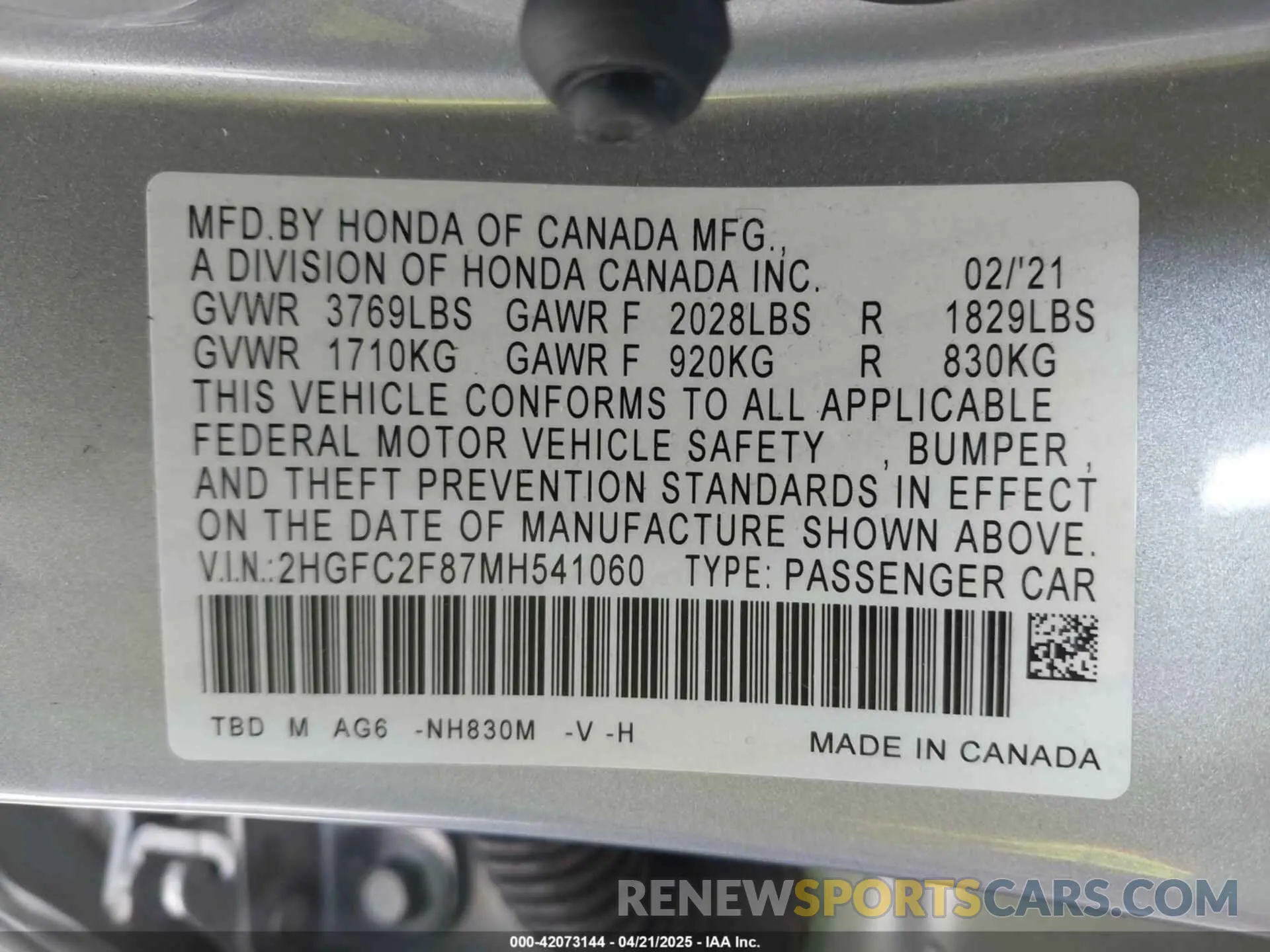 9 Photograph of a damaged car 2HGFC2F87MH541060 HONDA CIVIC 2021