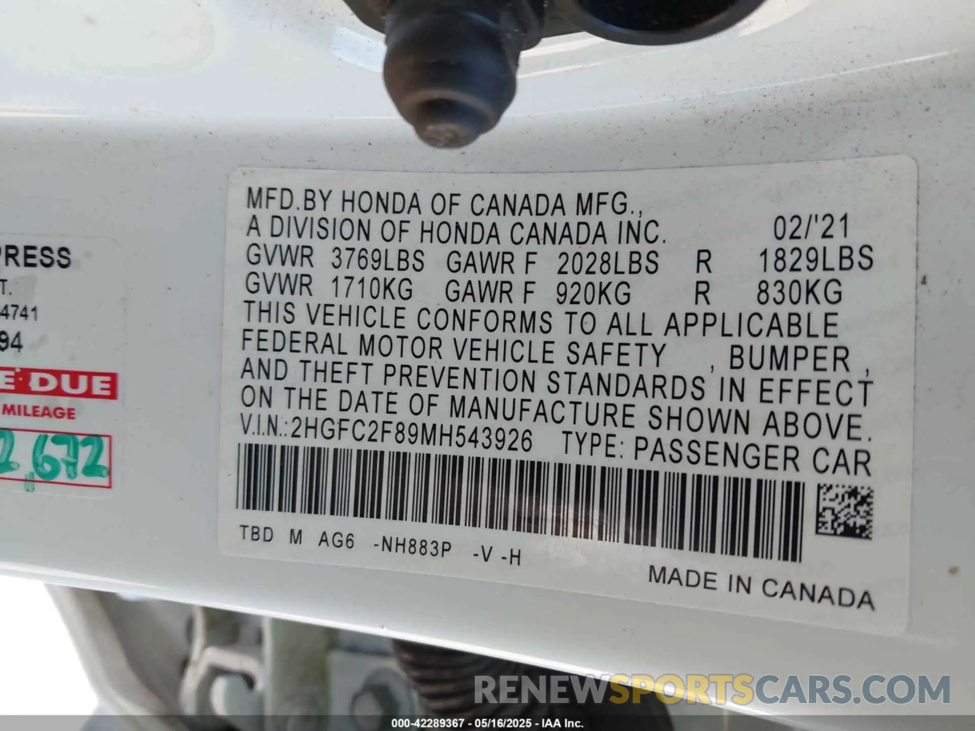9 Photograph of a damaged car 2HGFC2F89MH543926 HONDA CIVIC 2021