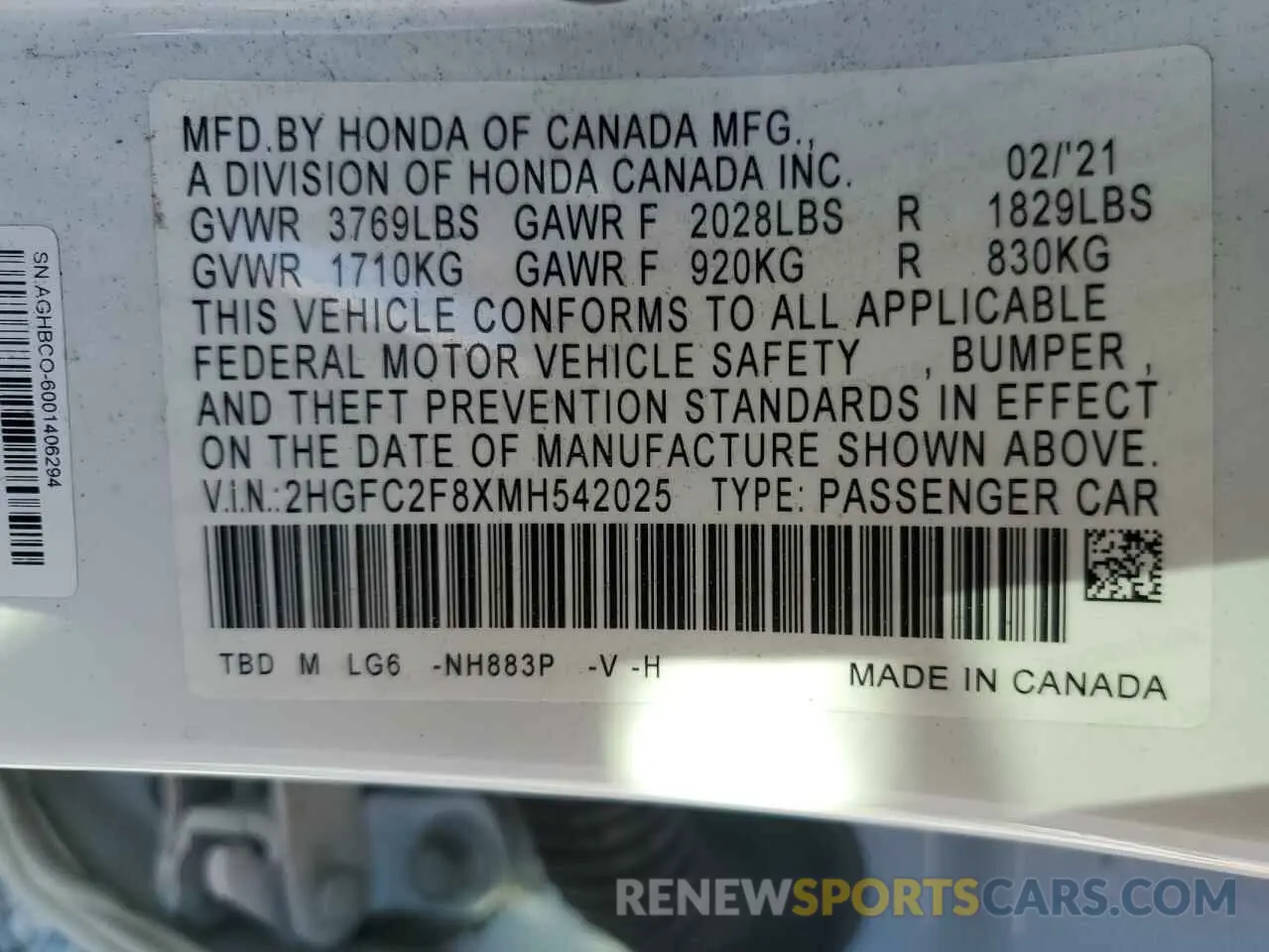 14 Photograph of a damaged car 2HGFC2F8XMH542025 HONDA CIVIC 2021