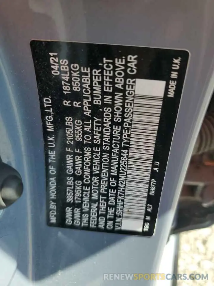 12 Photograph of a damaged car SHHFK7H42MU225644 HONDA CIVIC 2021