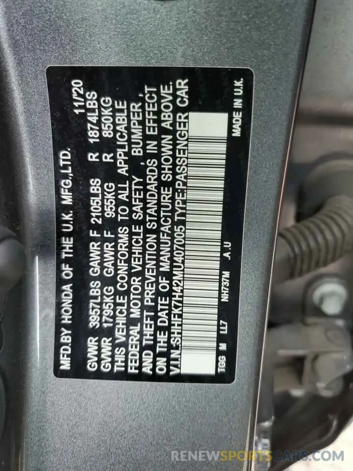 12 Photograph of a damaged car SHHFK7H42MU407005 HONDA CIVIC 2021