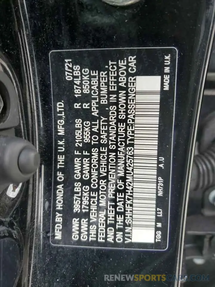 14 Photograph of a damaged car SHHFK7H42MU425763 HONDA CIVIC 2021