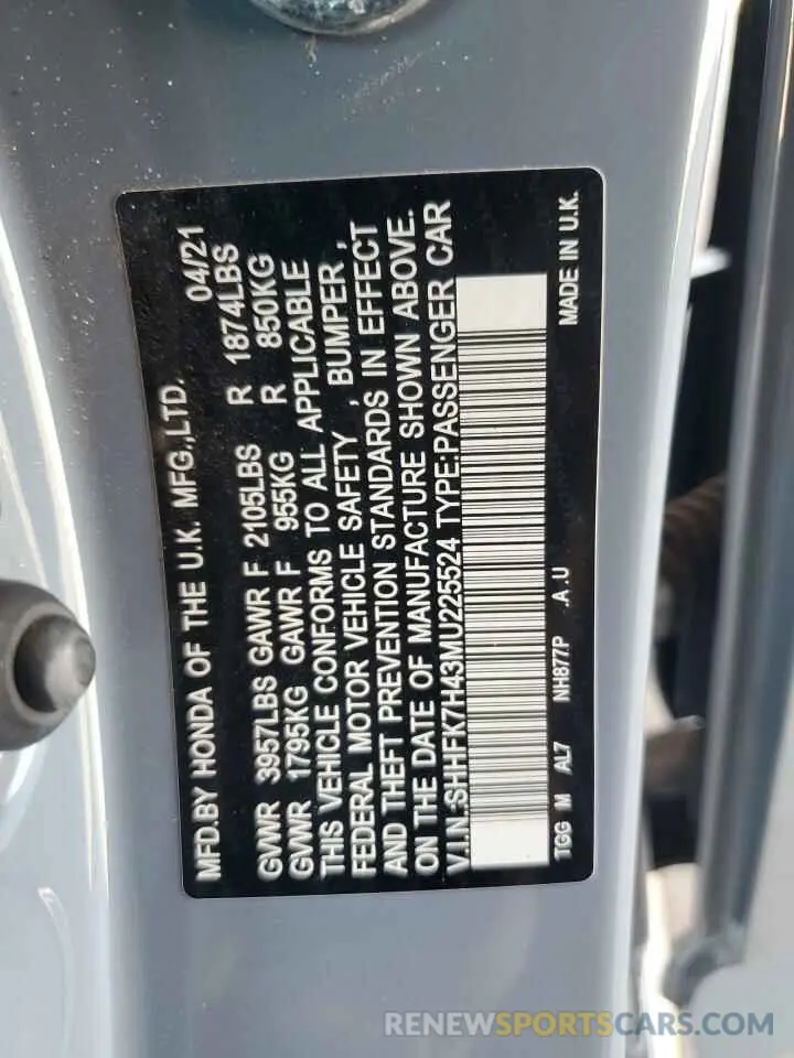 12 Photograph of a damaged car SHHFK7H43MU225524 HONDA CIVIC 2021