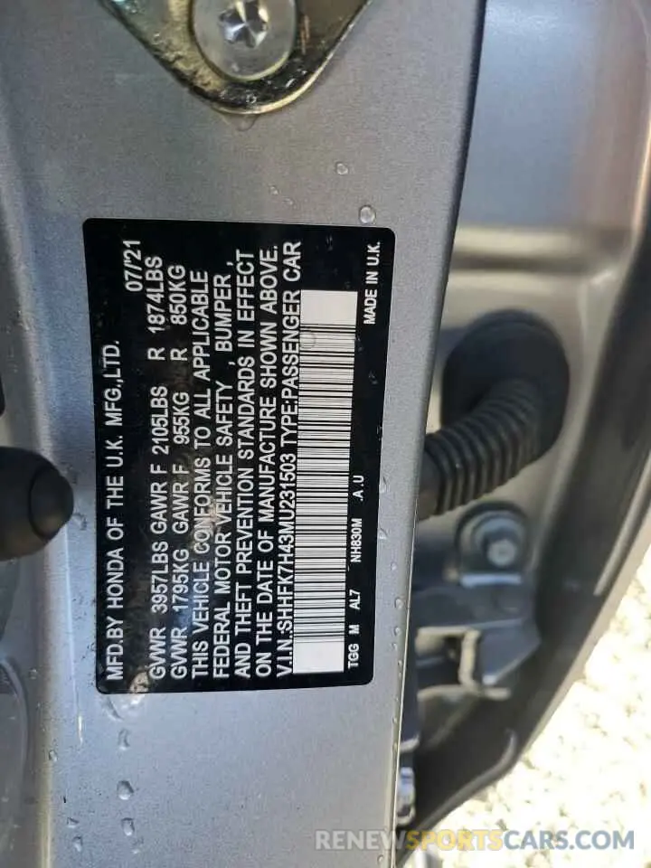 12 Photograph of a damaged car SHHFK7H43MU231503 HONDA CIVIC 2021