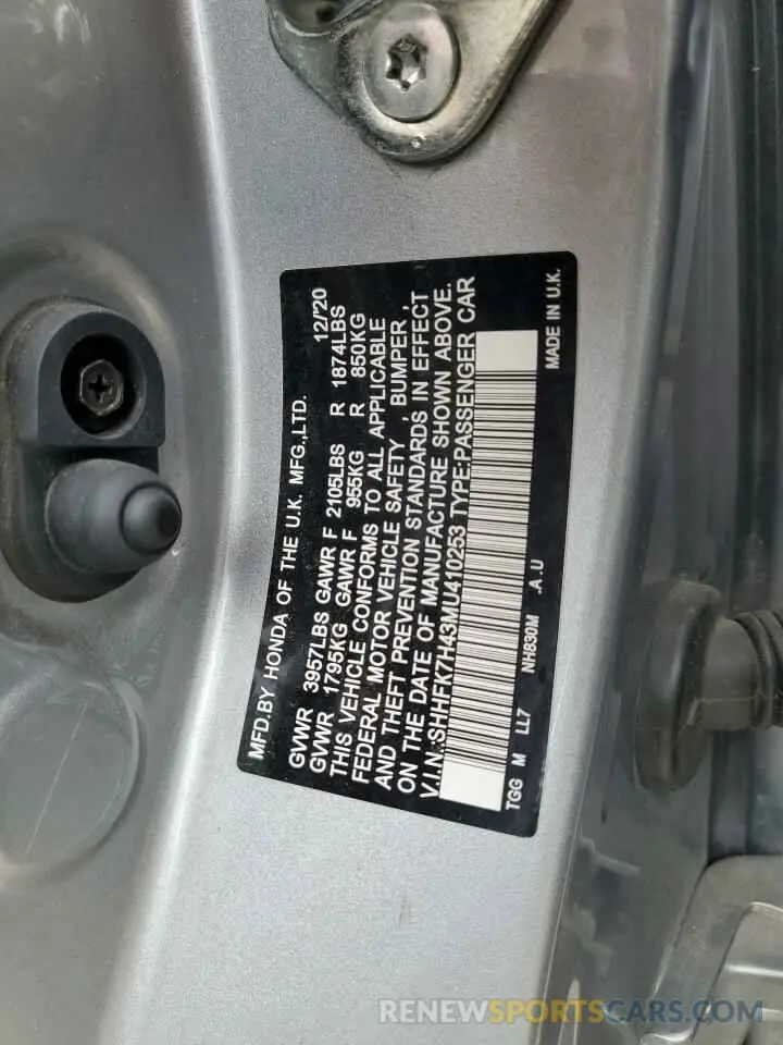 13 Photograph of a damaged car SHHFK7H43MU410253 HONDA CIVIC 2021