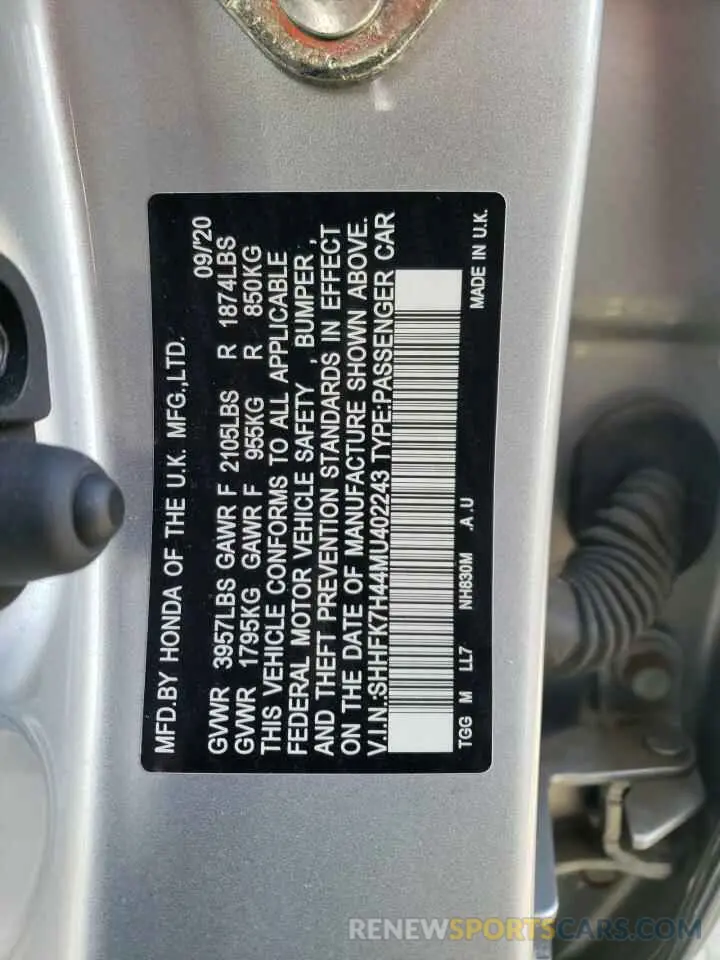 12 Photograph of a damaged car SHHFK7H44MU402243 HONDA CIVIC 2021