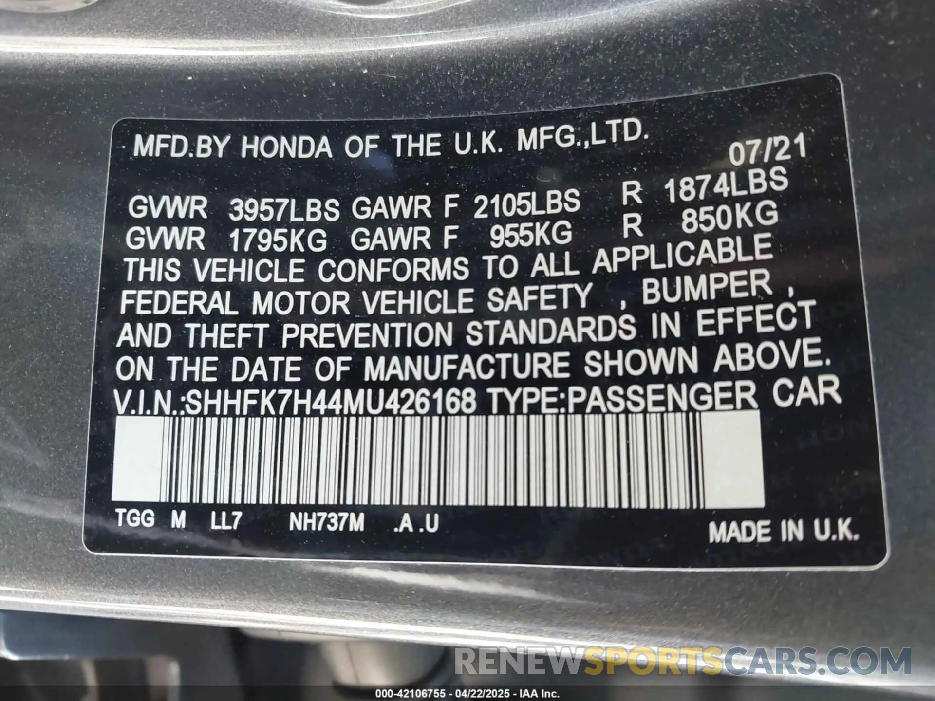 9 Photograph of a damaged car SHHFK7H44MU426168 HONDA CIVIC 2021