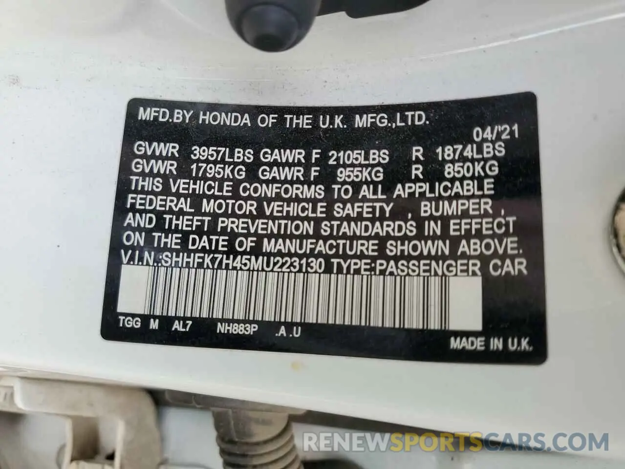 14 Photograph of a damaged car SHHFK7H45MU223130 HONDA CIVIC 2021