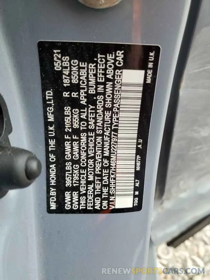 12 Photograph of a damaged car SHHFK7H46MU227977 HONDA CIVIC 2021