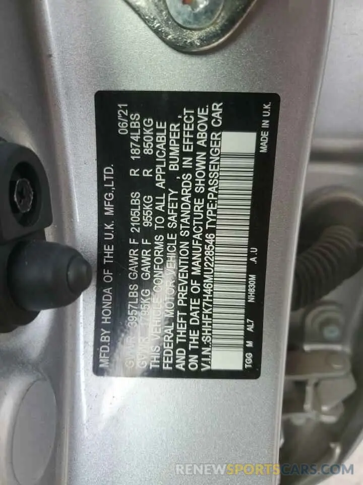 12 Photograph of a damaged car SHHFK7H46MU228546 HONDA CIVIC 2021