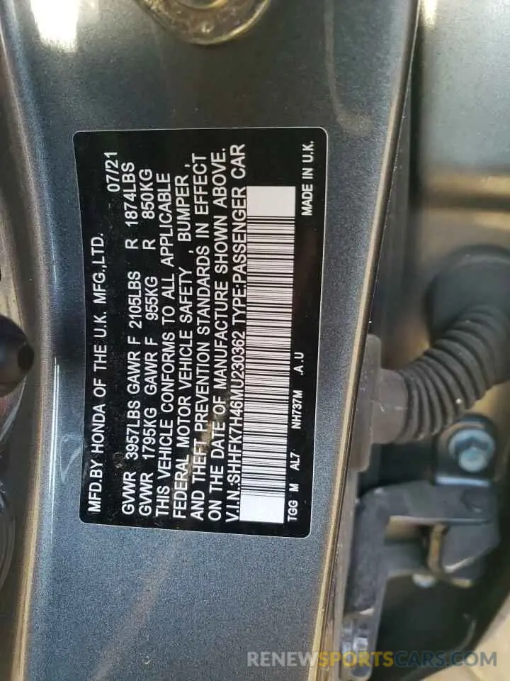13 Photograph of a damaged car SHHFK7H46MU230362 HONDA CIVIC 2021
