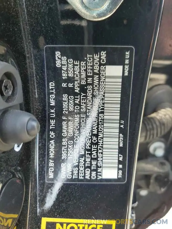 13 Photograph of a damaged car SHHFK7H47MU201758 HONDA CIVIC 2021