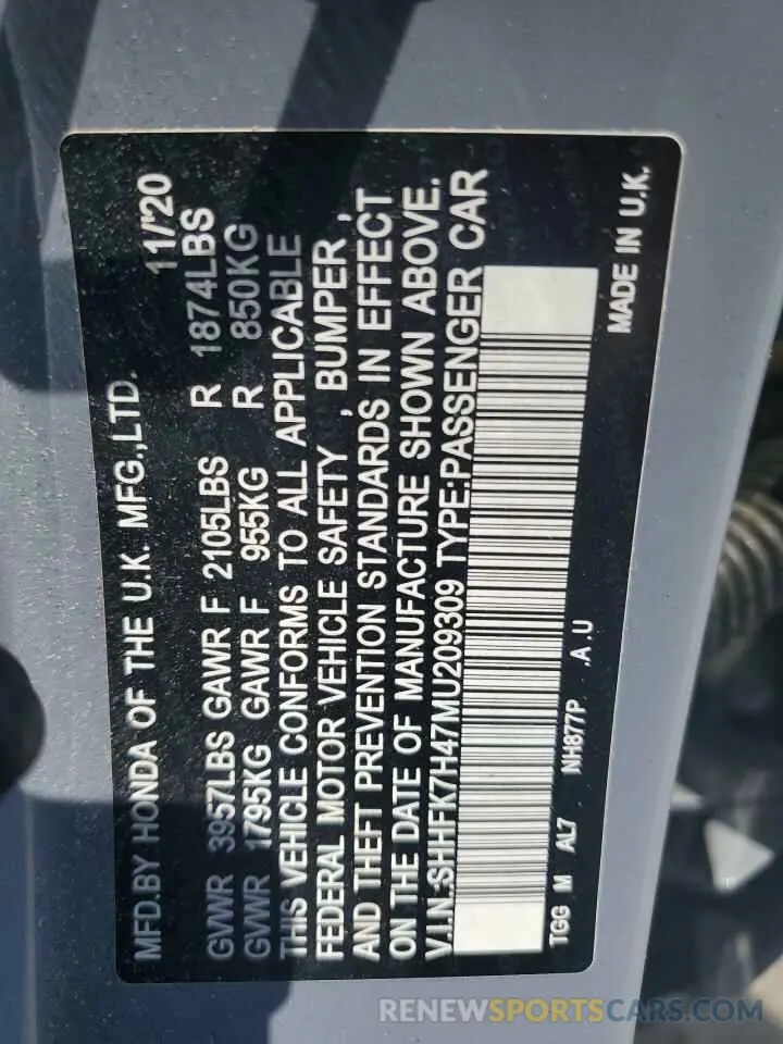 12 Photograph of a damaged car SHHFK7H47MU209309 HONDA CIVIC 2021