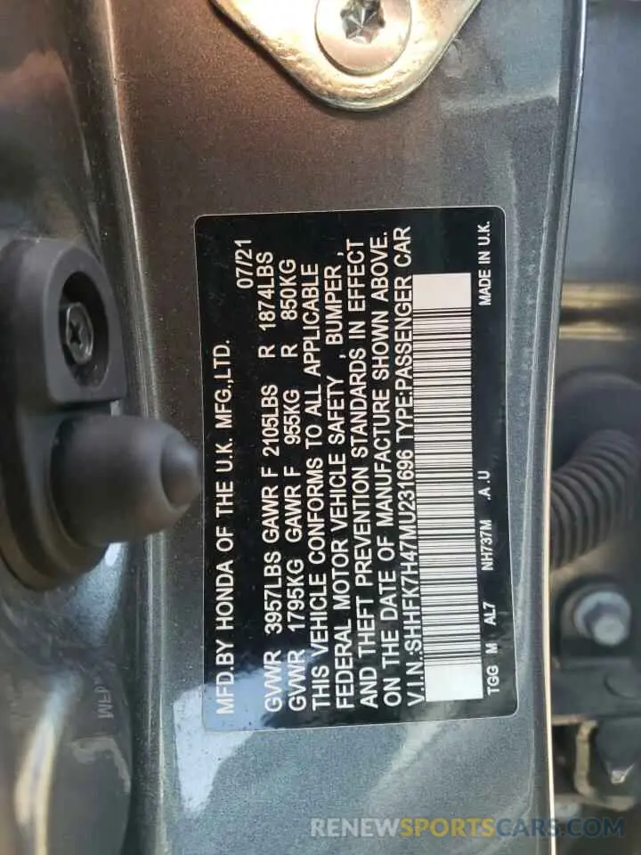 12 Photograph of a damaged car SHHFK7H47MU231696 HONDA CIVIC 2021