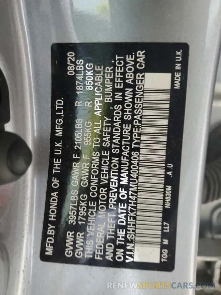 12 Photograph of a damaged car SHHFK7H47MU400406 HONDA CIVIC 2021