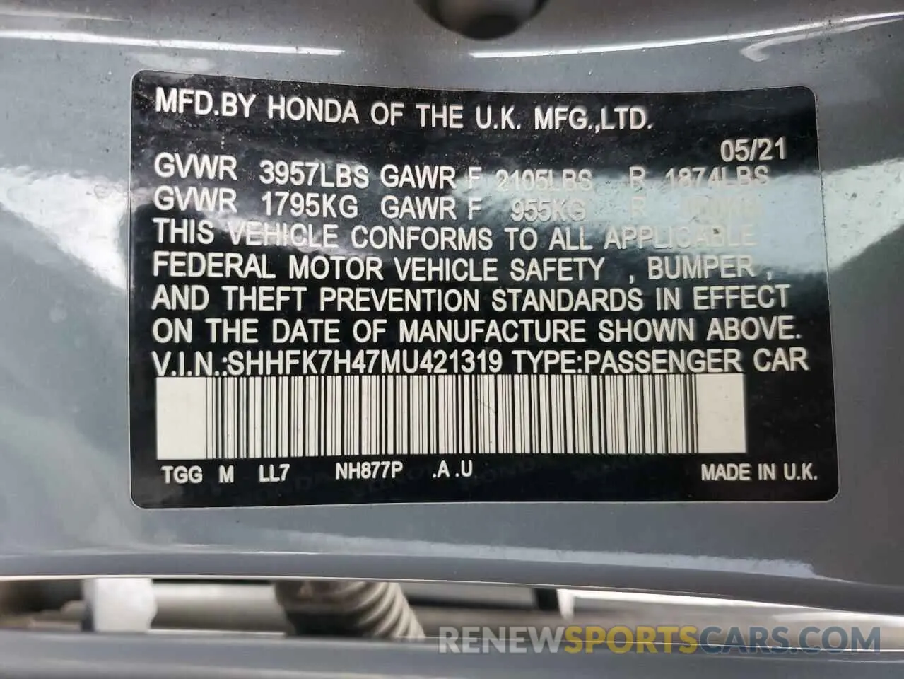 15 Photograph of a damaged car SHHFK7H47MU421319 HONDA CIVIC 2021
