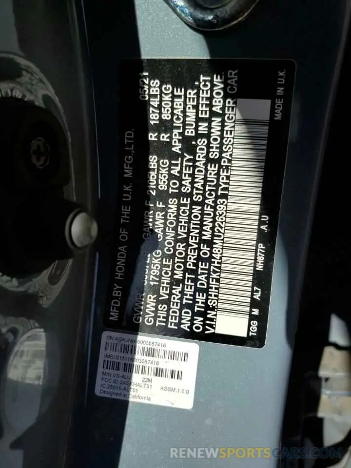12 Photograph of a damaged car SHHFK7H48MU226393 HONDA CIVIC 2021