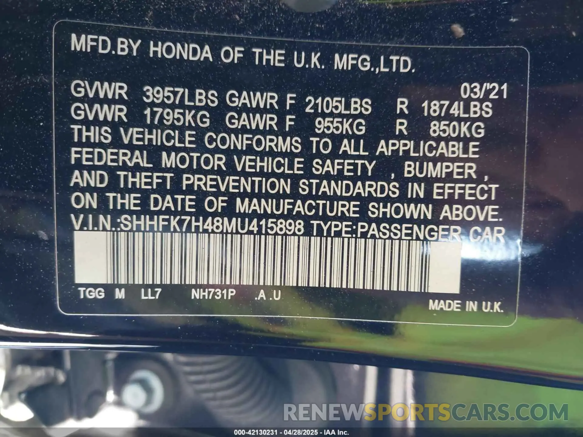 9 Photograph of a damaged car SHHFK7H48MU415898 HONDA CIVIC 2021