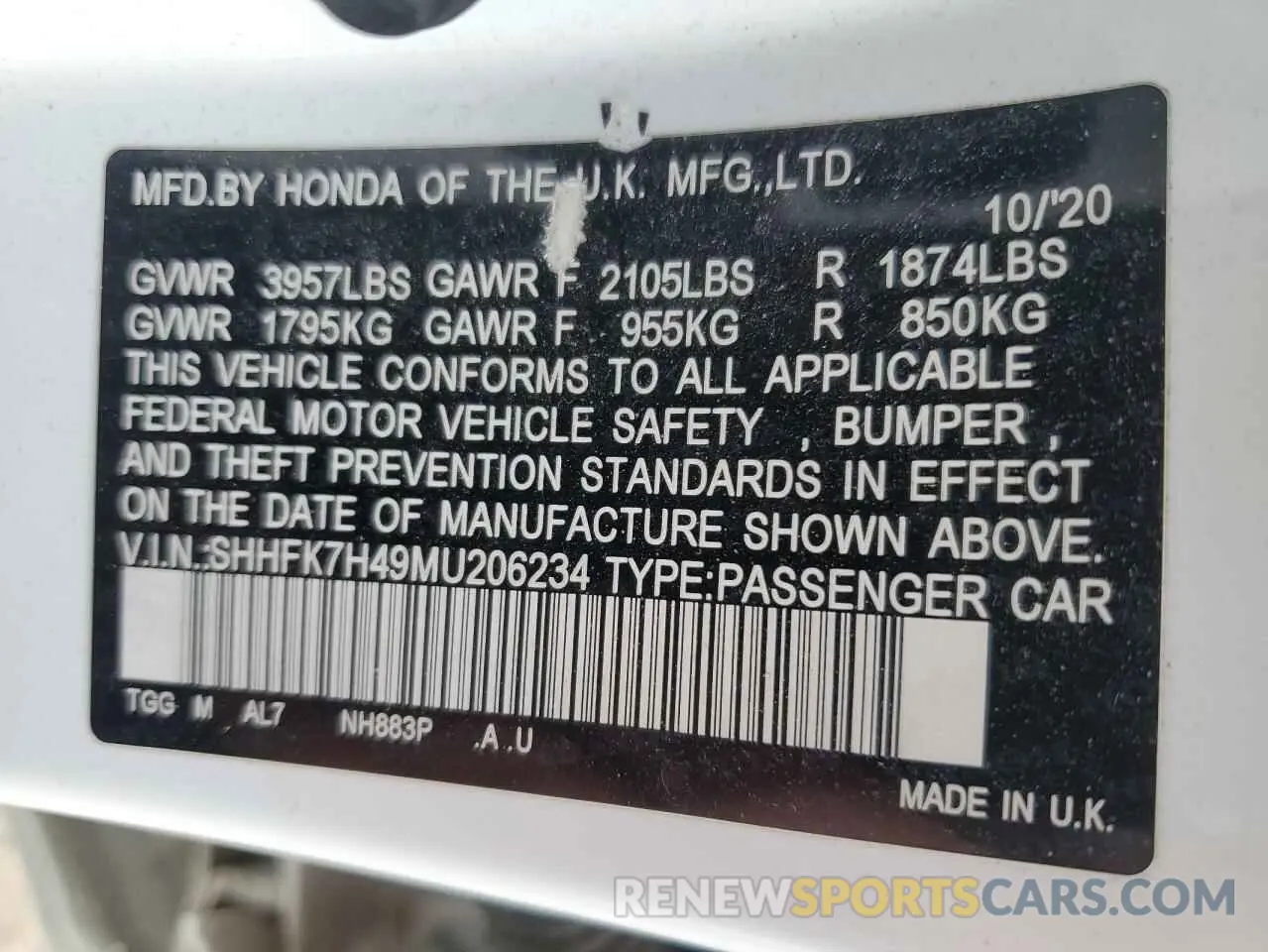 12 Photograph of a damaged car SHHFK7H49MU206234 HONDA CIVIC 2021
