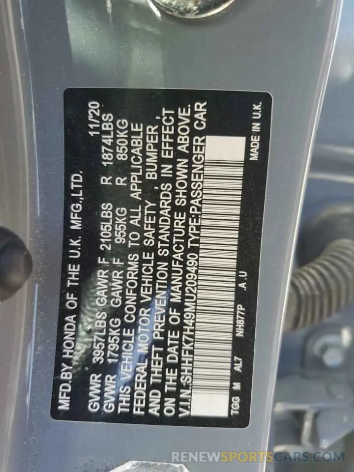 12 Photograph of a damaged car SHHFK7H49MU209490 HONDA CIVIC 2021
