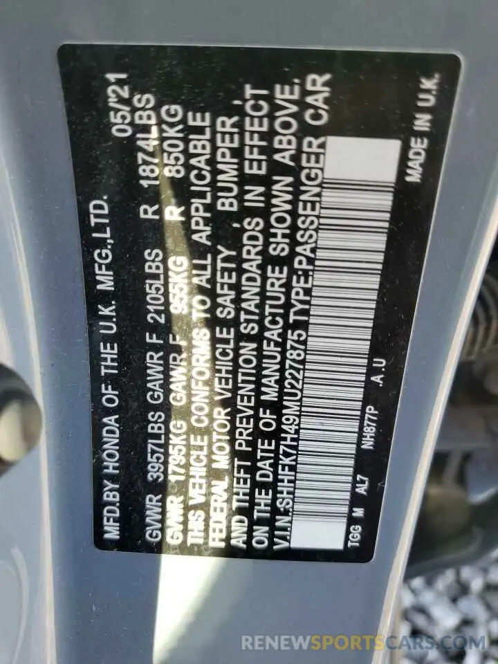 13 Photograph of a damaged car SHHFK7H49MU227875 HONDA CIVIC 2021