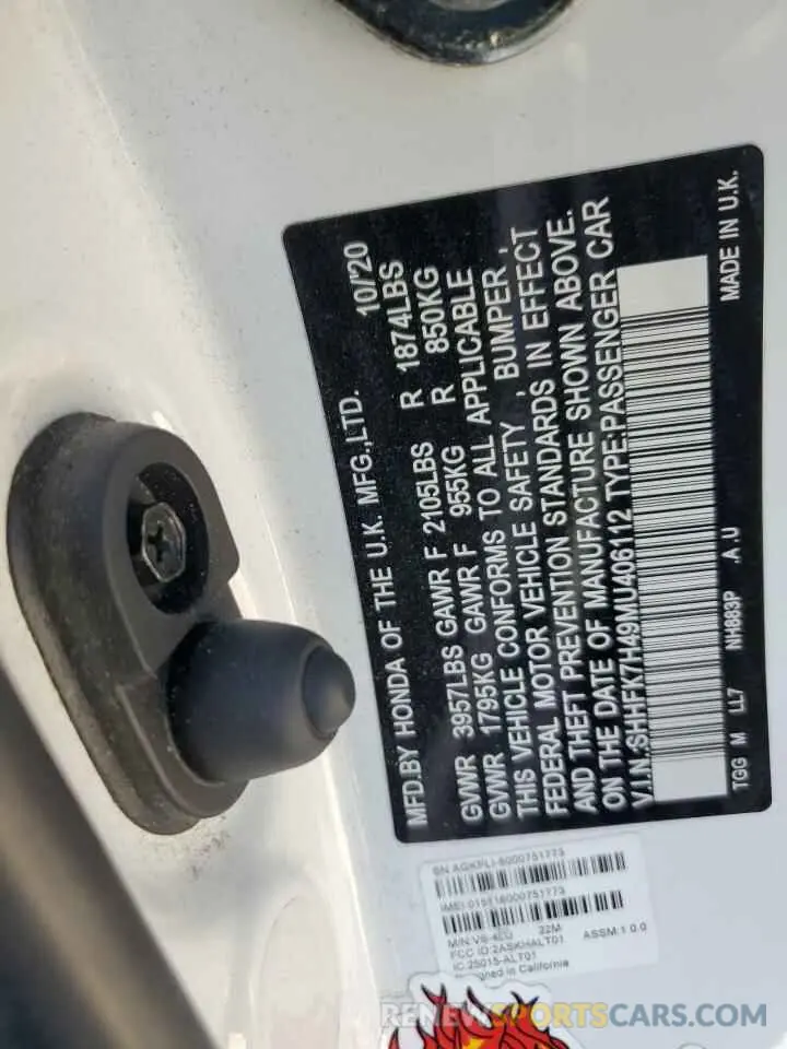 13 Photograph of a damaged car SHHFK7H49MU406112 HONDA CIVIC 2021