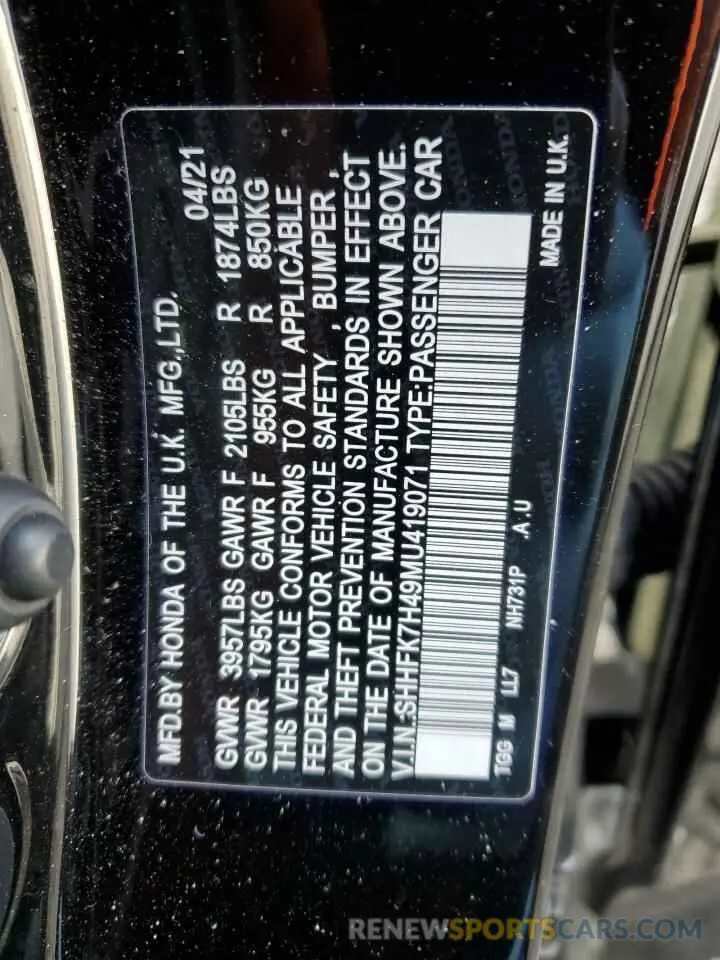 12 Photograph of a damaged car SHHFK7H49MU419071 HONDA CIVIC 2021