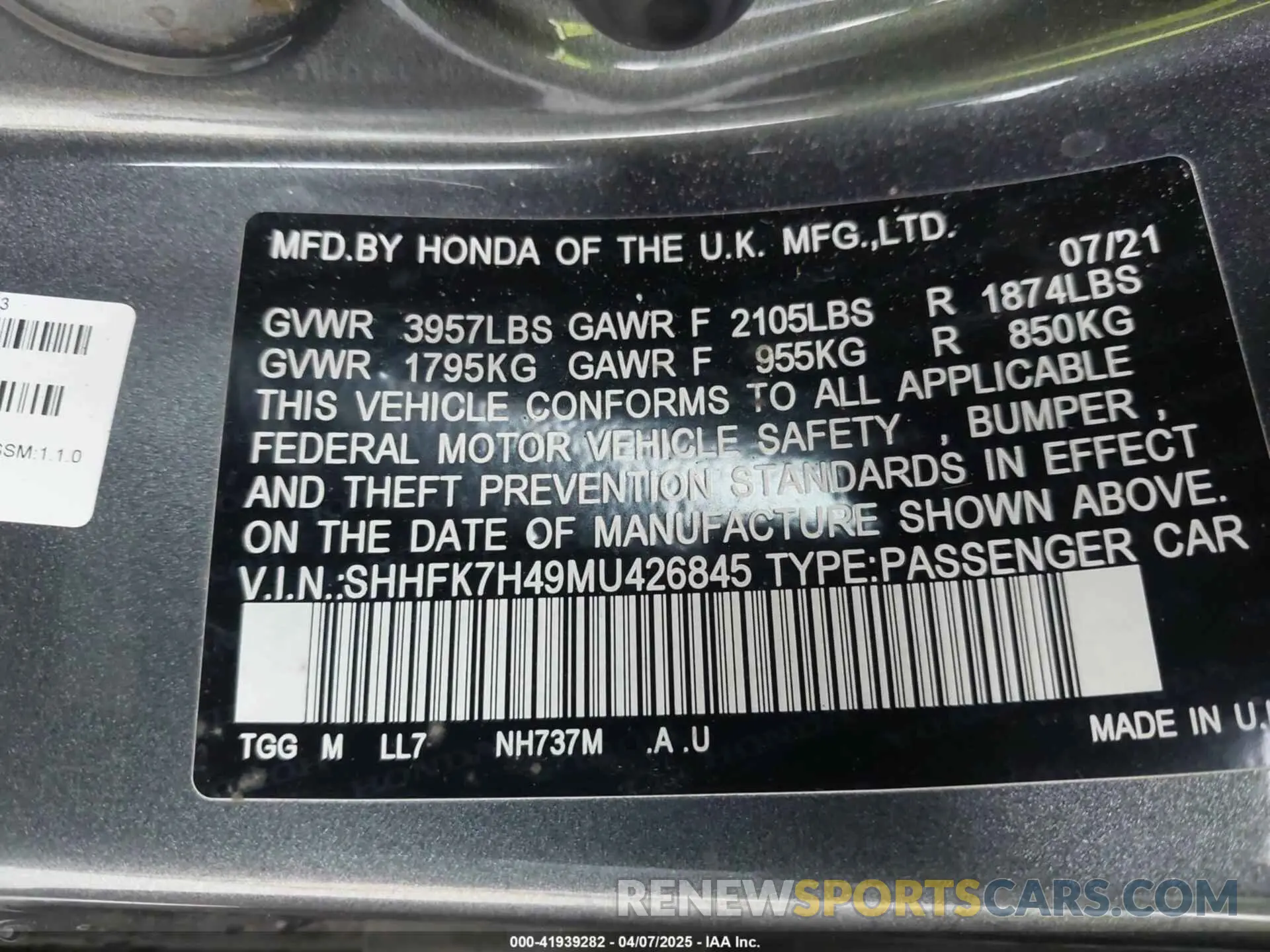 9 Photograph of a damaged car SHHFK7H49MU426845 HONDA CIVIC 2021