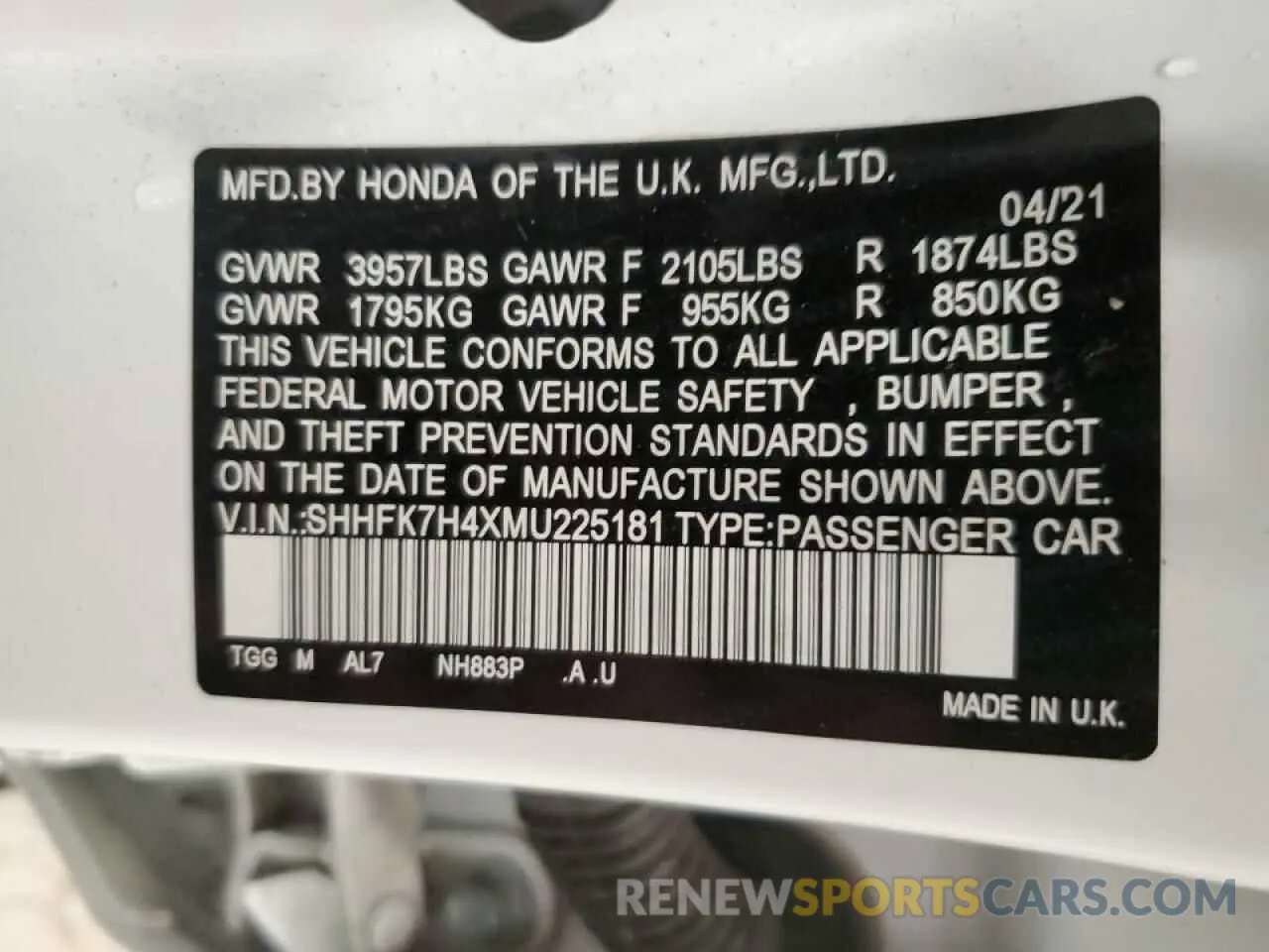 14 Photograph of a damaged car SHHFK7H4XMU225181 HONDA CIVIC 2021